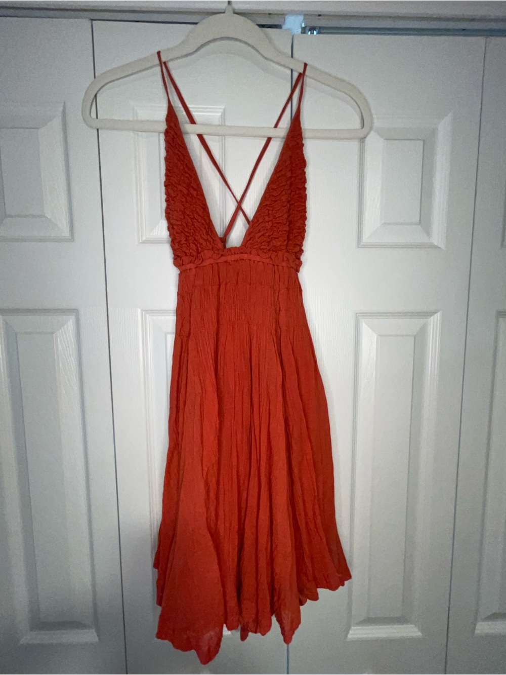 Free People Orange Crinkled V-Neck Midi Dress